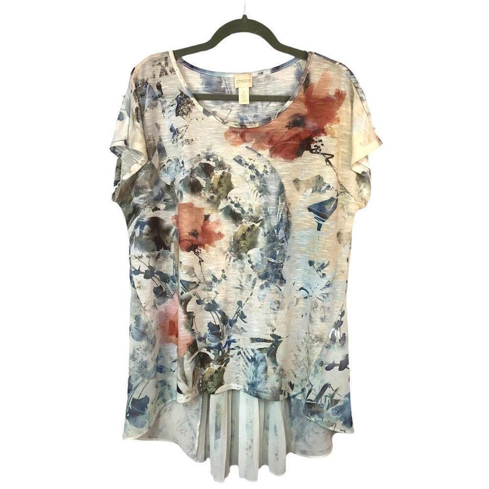 Chico’s Women’s Top Tunic Pleated High Low Floral Sheer Watercolor